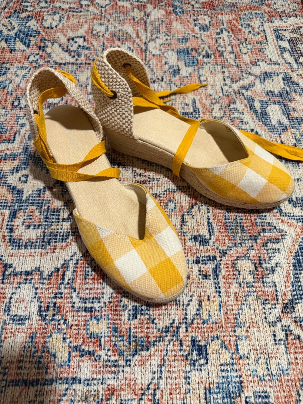 Soludos Yellow Gingham Espadrille Wedges with Ankle Ties